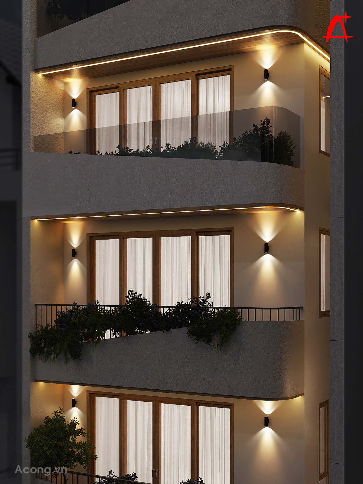 Hệ đèn LED gián tiếp tại trần và ban công làm nổi bật đường cong kiến trúc, giúp công trình nổi bật vào ban đêm.